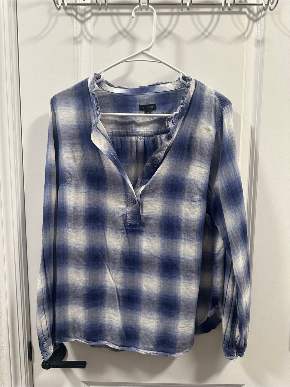 Talbots Blue and White Plaid Peasant Blouse